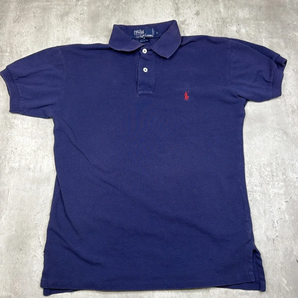 Vintage Polo Ralph Lauren Polo Shirt Mens M Slim Fit Navy Blue Made In USA 90s